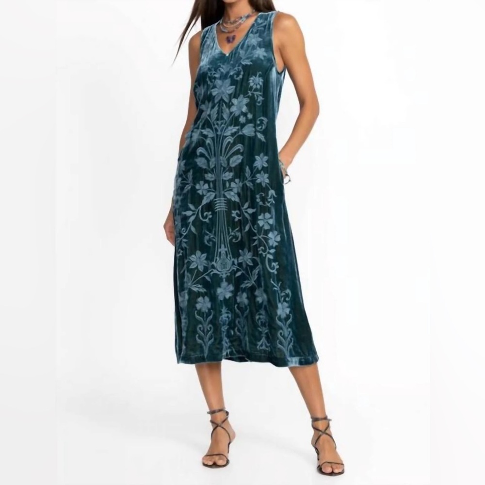 Johnny Was Peacock Velvet VNeck Floral Midi Dress